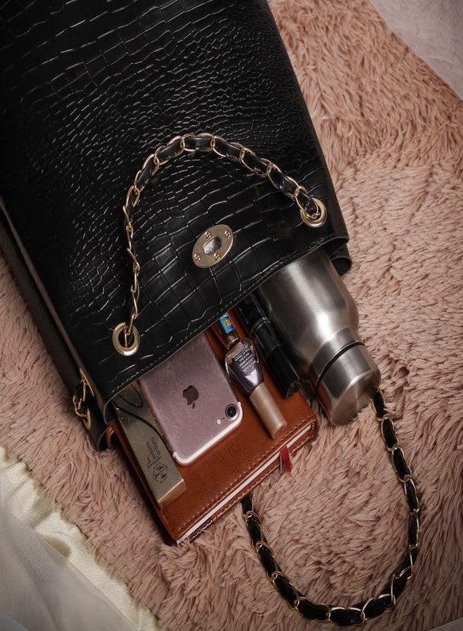 Fargo Leatherette Handbags For Women's Ladies Croco_ChainStrap (Black) - Image 3